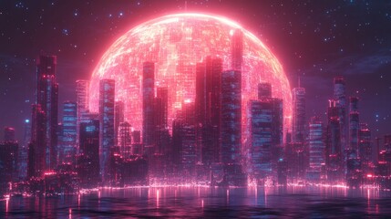 Obraz premium Futuristic cityscape illuminated by a massive red celestial body