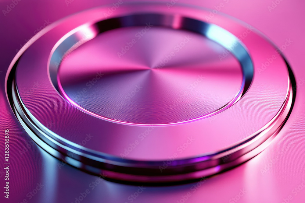 Poster Close-up of a vibrant pink metallic circular button with a concentric design, showcasing its smooth texture and reflective surface.