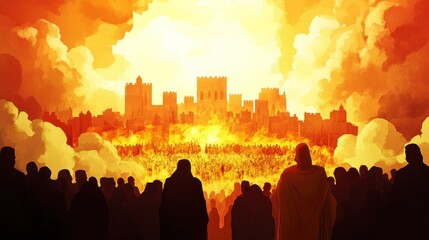 Naklejka premium Illustration revelation of Jesus Christ, new testament, religion of christianity, heaven and hell over the crowd of people, Jerusalem of the bible --