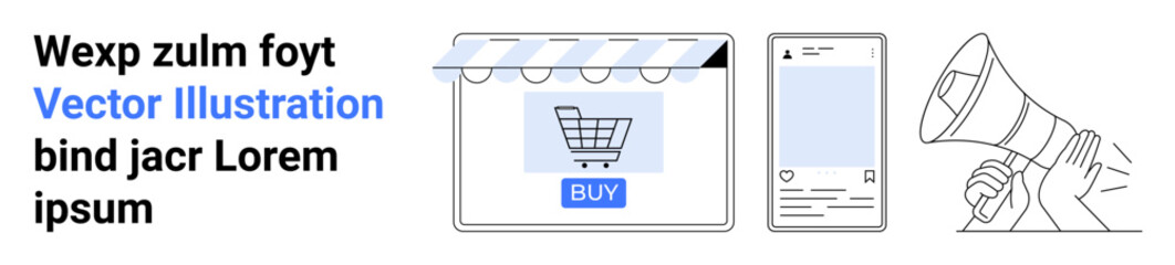 Shopping cart on a website, e-commerce app interface, and megaphone for promotion. Ideal for e-commerce, digital marketing, online retail, mobile apps, customer engagement, social media flat landing