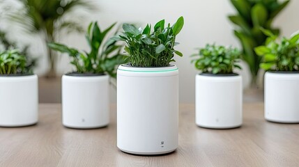 Obraz premium A modern indoor setting showcasing white planters with lush green plants, adding a touch of nature to the minimalist decor.