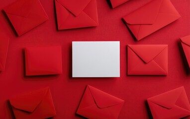 Blank card amidst red envelopes; flatlay; communication; marketing