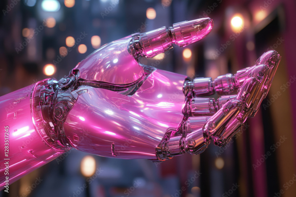 Poster a close-up of a pink metallic robotic hand, seemingly offering something in a blurred city backdrop.