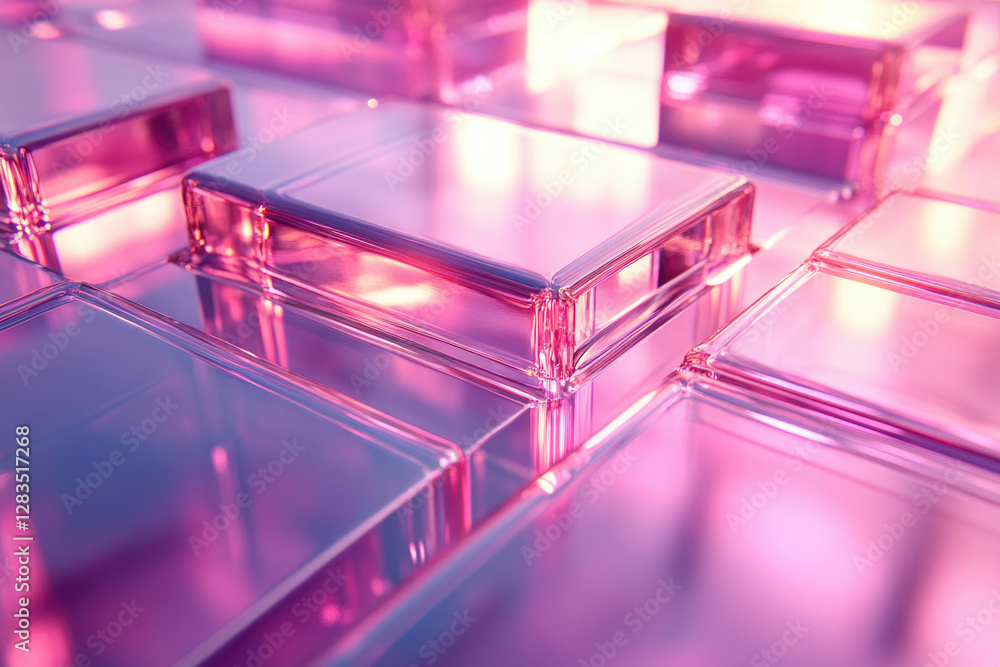 Poster abstract image of pink glass cubes, reflecting light and creating a vibrant, geometric pattern.
