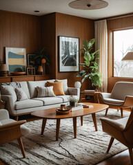 Beautiful Mid Century Living Room Design with Tropical Plants Wooden Furniture and Colorful Ethnic Accents Earth Tone Modern Interior design inspiration