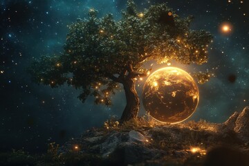 Enchanting landscape with glowing tree and golden celestial body under night sky