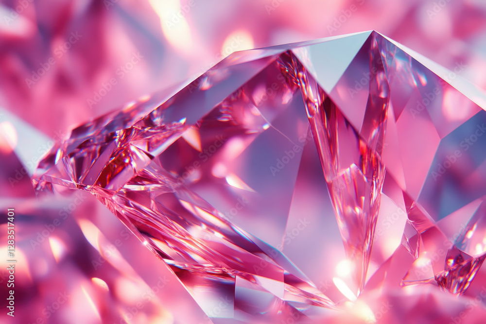 Poster close-up of a sparkling pink gemstone, showcasing its intricate facets and brilliant light reflectio