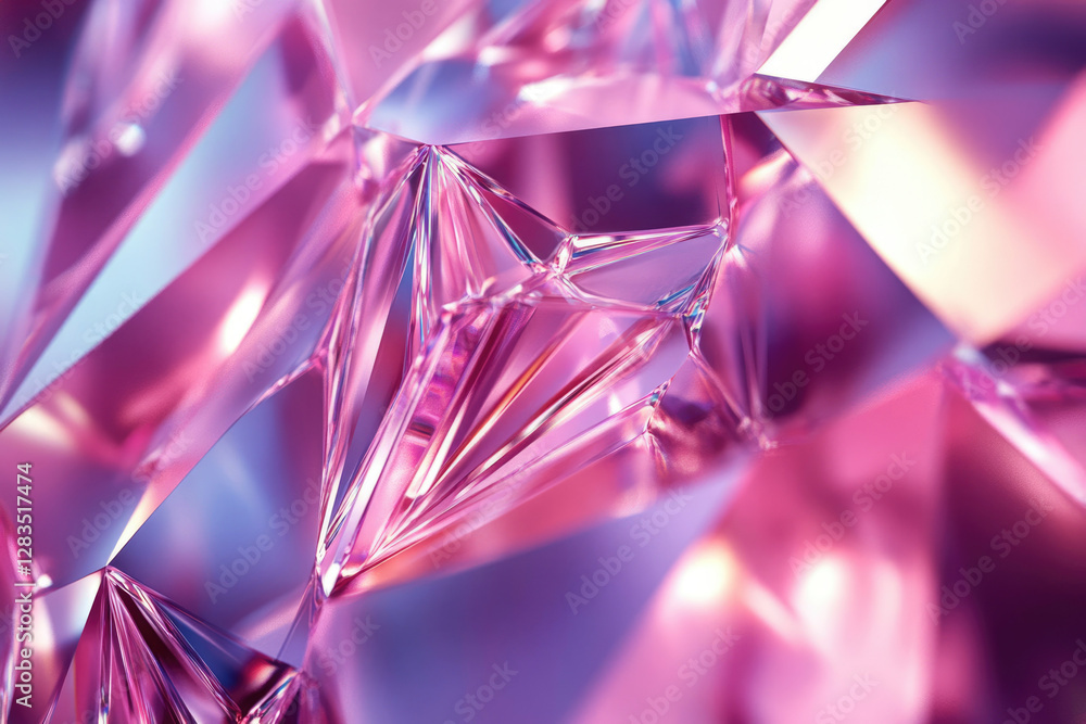 Aufkleber close-up of pink crystal facets, shimmering with light and displaying intricate geometric patterns.