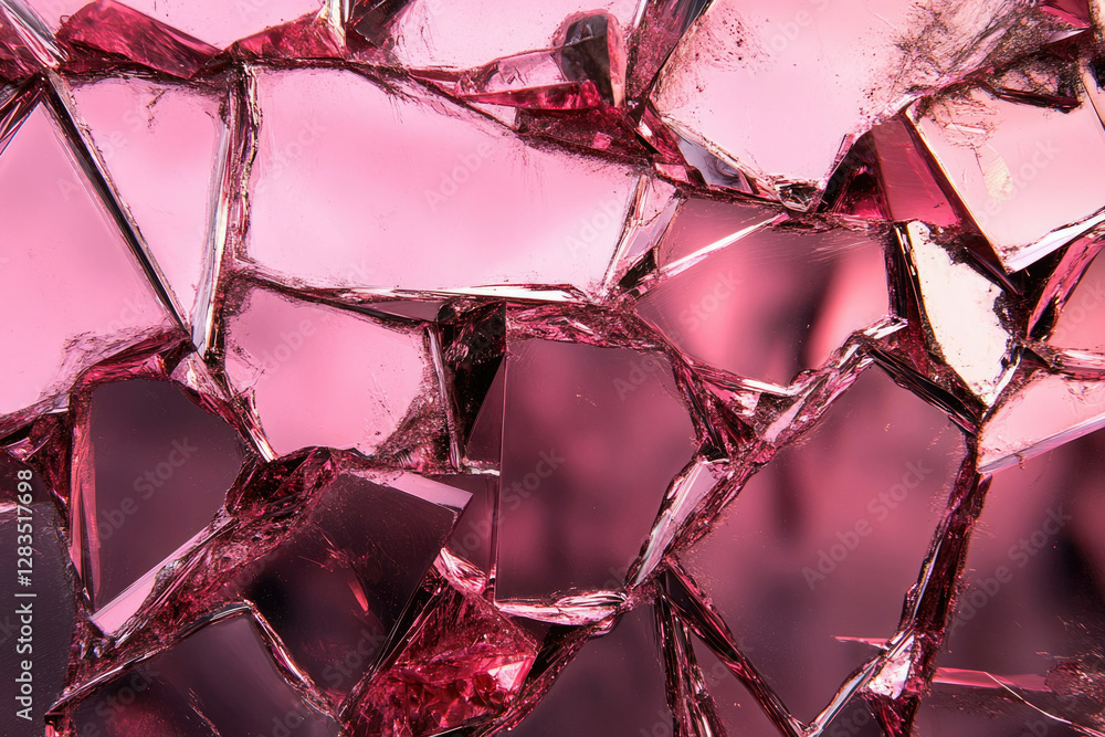 Poster shattered pink glass, reflecting light in fragmented pieces, creating an abstract and textured image
