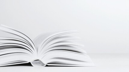 Fototapeta premium Open book with blank white pages fanning out on a clean surface under bright studio lighting.