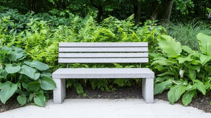 Gray park bench in lush garden, relaxing outdoor seating, peaceful scenery, suitable for tourism, travel promotion, or environmental themes