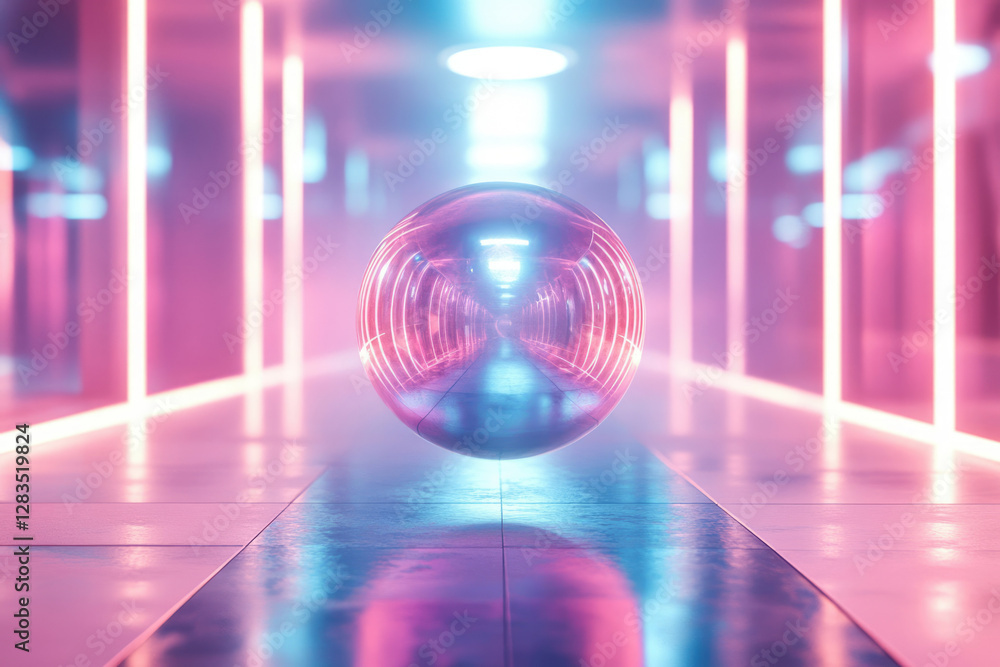 Poster a reflective sphere rests in a futuristic pink and blue neon-lit corridor, creating a vibrant and sy