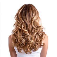 Fototapeta premium A woman with long, curly blonde hair is shown with her back to the camera