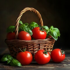 Vibrant Ripe Red Tomatoes and Fresh Basil in a Rustic Basket