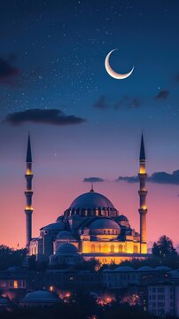 Islamic vertical photo. Suleymaniye Mosque with crescent moon. Ramadan or laylat al-qadr or kadir gecesi concept vertical photo. --