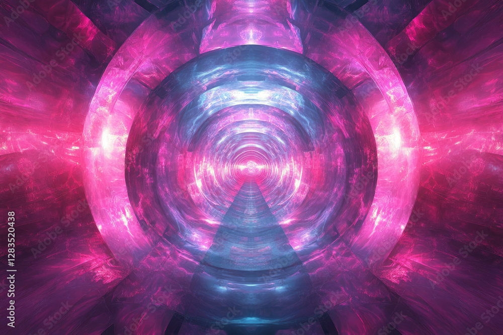 Poster abstract fractal art depicting a glowing, swirling tunnel of pink and blue light, creating a mesmeri