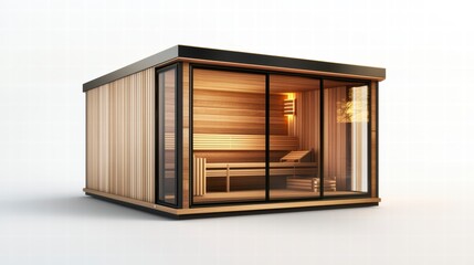Modern Sauna: A sleek, contemporary sauna with panoramic glass walls and warm wooden interiors, offering a tranquil space for relaxation and wellness.