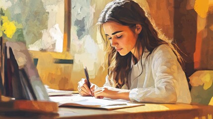 Focused Female Artist Sketching with Pencil and Paper