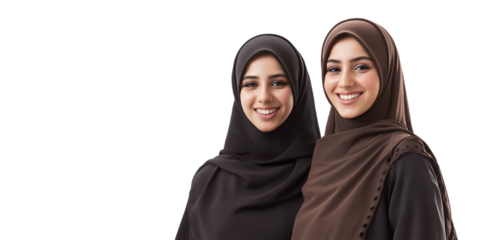  A realistic photograph of two smiling Arabic women wearing simple black hijabs and dark brown abayas, standing next to each other in different poses on a transparent background PNG  (2)