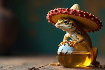 A small lizard perched on a tequila bottle sombrero , alcohol, drink