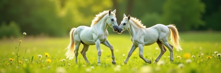 Obraz premium Foal and unicorn mare in green meadow playing with flowers, landscape, joy, nature