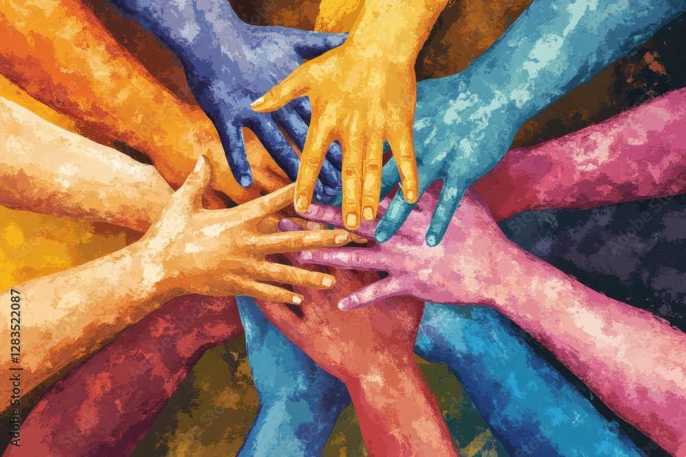 Aufkleber interconnected hands representing unity and support among diverse communities in vibrant colors. gen
