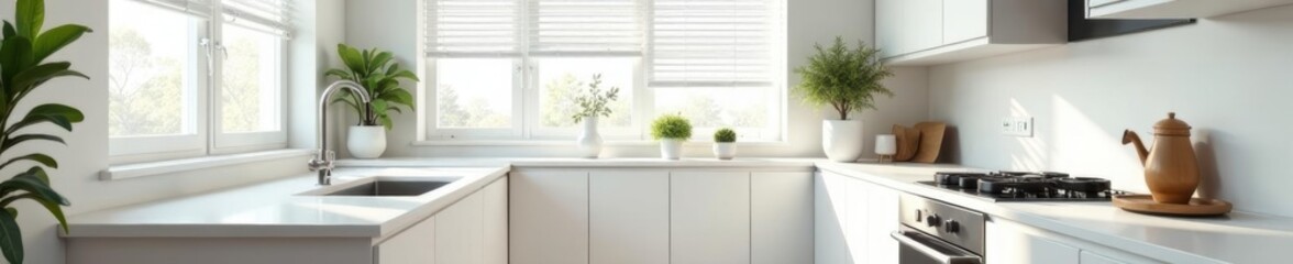 Clean white kitchen with closed blinds, soft light, home, design, room