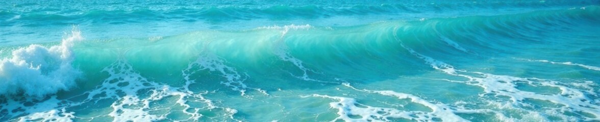 Foam and waves on the surface of blue turquoise water, ocean wave movement, blue ocean surf, blue turquoise ocean wave