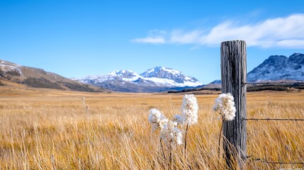 Fototapeta premium Autumnal mountain valley landscape, plants by fence