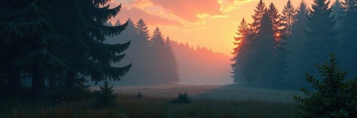 Fototapeta premium Foggy forest at dusk, warm light filtering through fir trees, misty landscape, forest, dusk