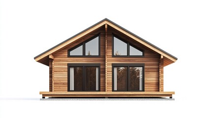 Cozy Wooden Home: A charming, modern log cabin with a distinctive A-frame roof, featuring large windows that offer inviting views, showcasing a warm and welcoming architectural design. 