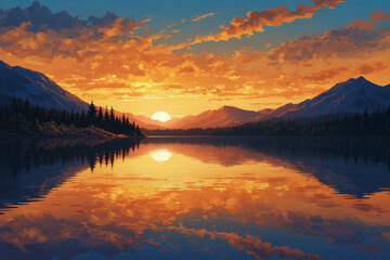 Fototapeta premium Melancholic anime lake, orange-gold sunset glow, mountain backdrop, tree silhouettes mirrored on glassy water