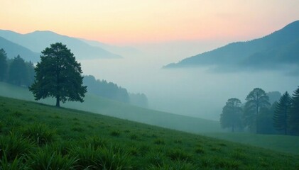 Foggy misty morning landscape with trees and hills , mist, landscape, nature
