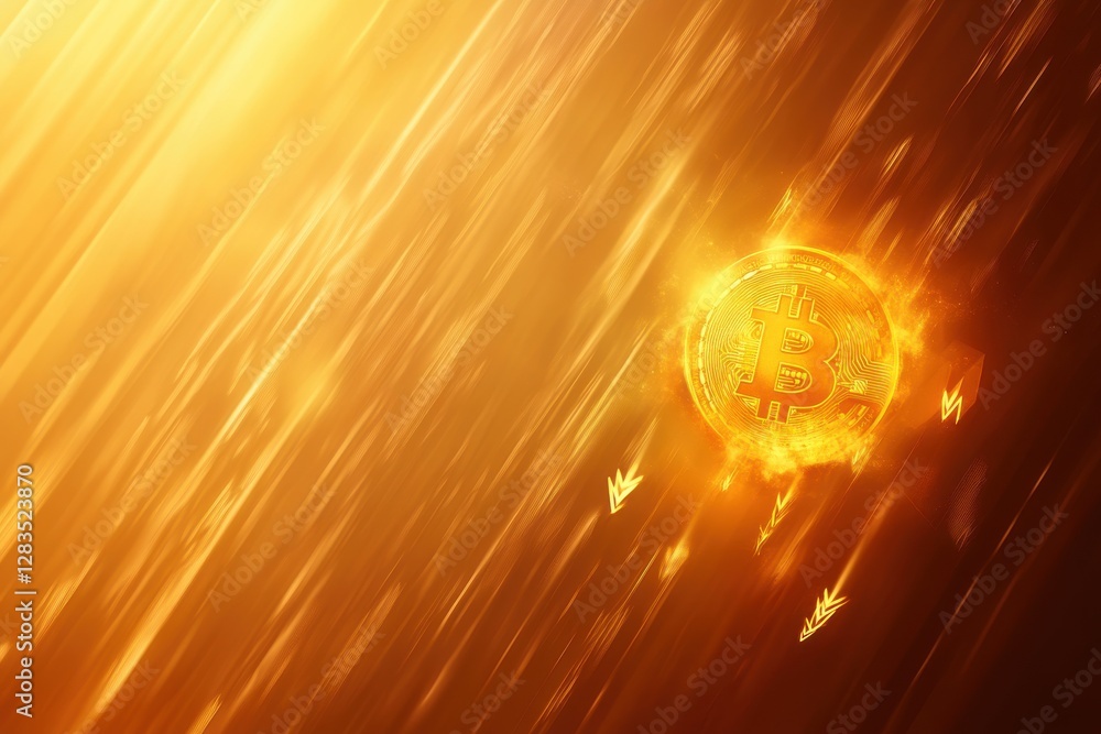 Poster golden bitcoin coin with abstract arrows and glowing effect on a dynamic background symbolizing the 