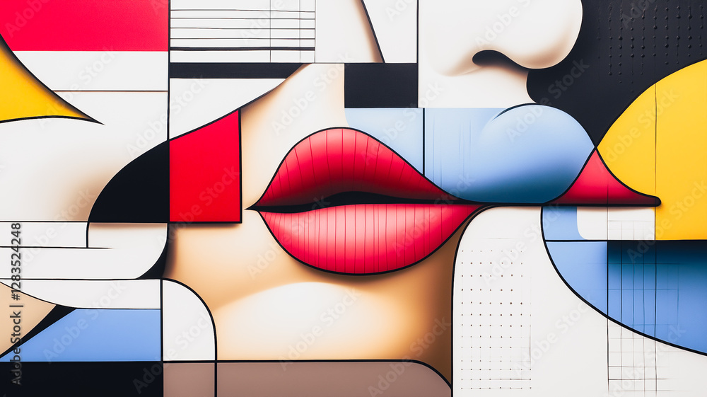 Poster geometric art: close-up of a face, focusing on the mouth, is deconstructed into colorful geometric s