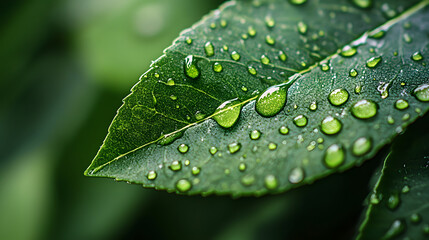 Close-up of raindrops on the edge of an oversized green leaf
