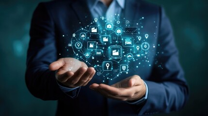 Abstract concept of human resource management with glowing user icons connected by a digital network, blue background, no people