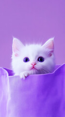 Cute playful white kitten peeking out from a fabric against a pastel lilac background. Generative AI