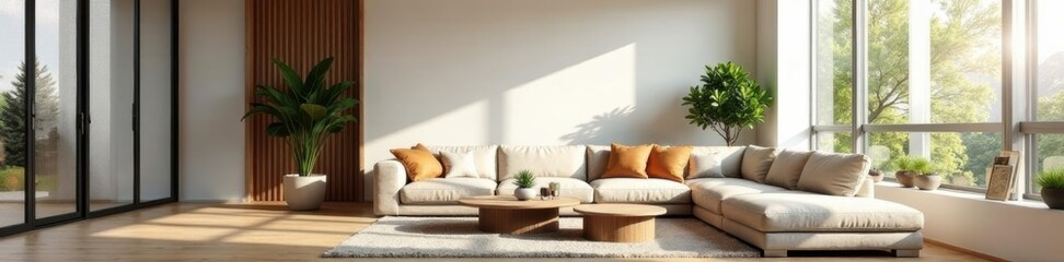 Modern minimalist living room showcasing design elements, clean lines, presentation