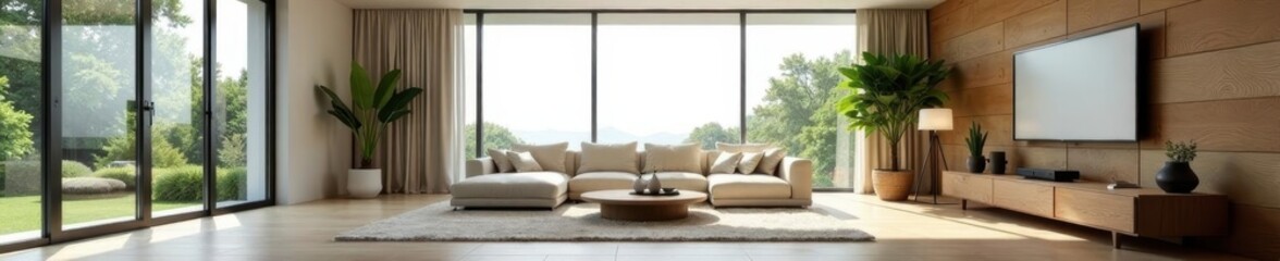 Modern minimalist living room with large window and stylish furniture, layout, texture, light