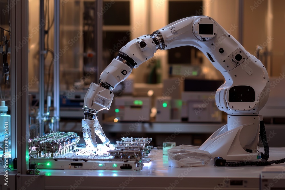 Poster a white robotic arm meticulously works on a circuit board in a modern, high-tech lab, symbolizing ad