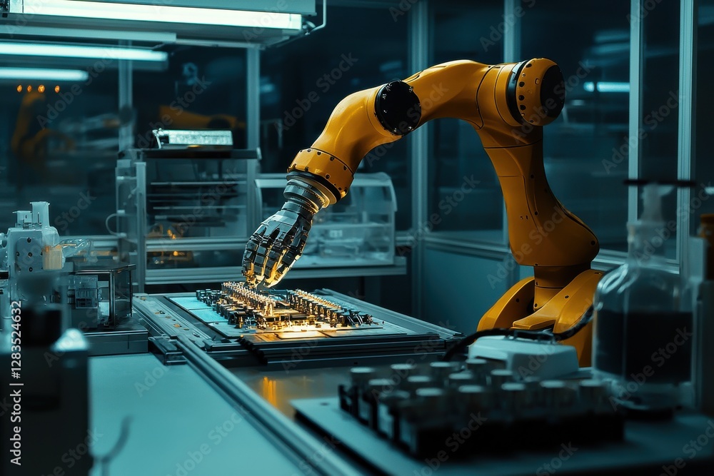 Poster a futuristic scene shows a robotic arm precisely assembling electronic components on a circuit board
