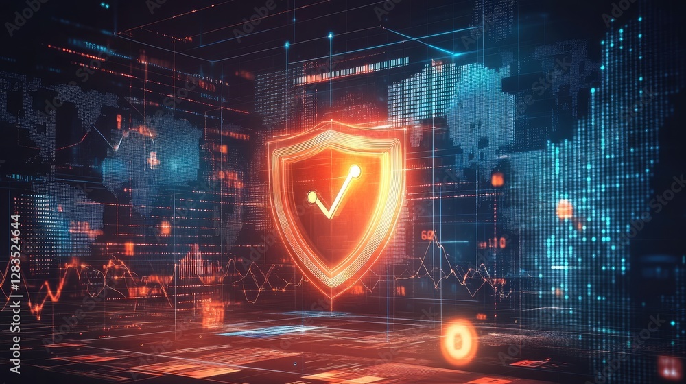Poster abstract concept of risk management with a glowing shield icon surrounded by financial graphs and da