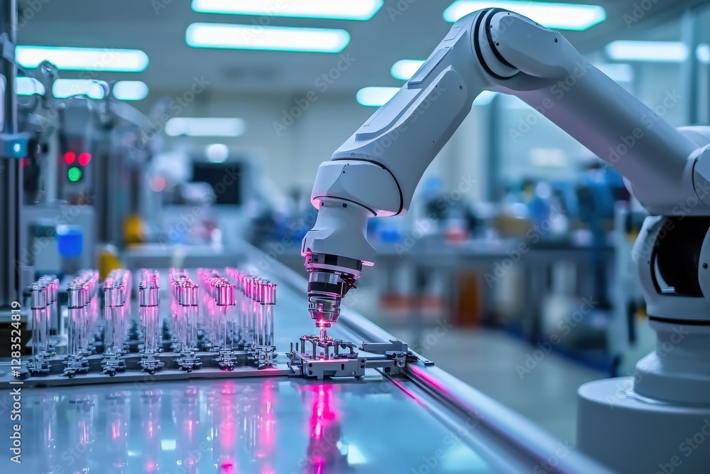 Poster advanced robotic arm working precisely with test tubes in a sterile laboratory environment, showcasi