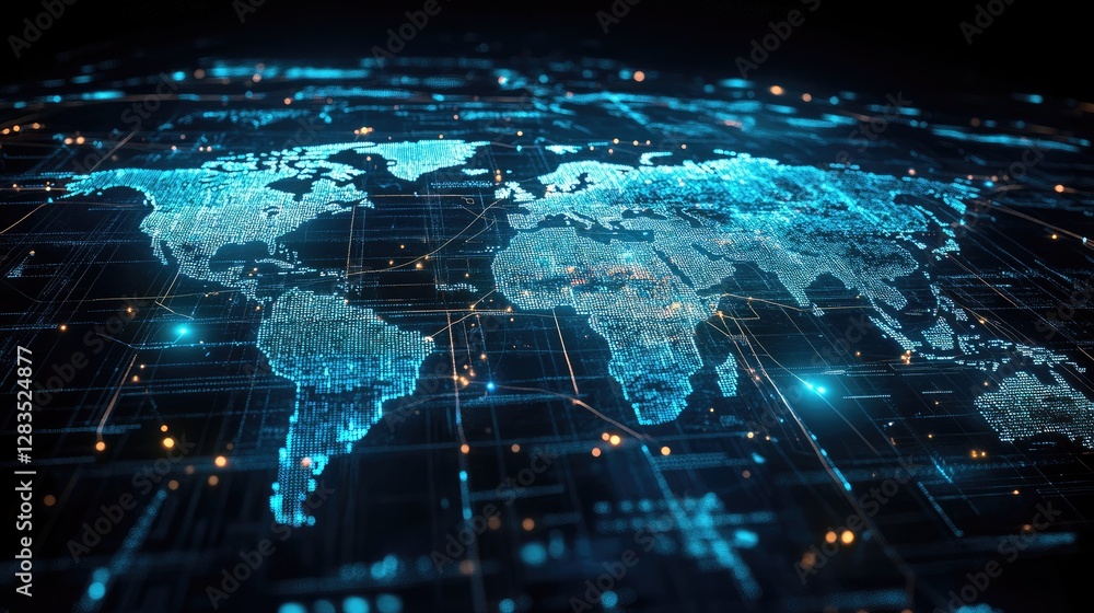 Poster abstract data-driven world map with market flow lines representing economic growth and trading route