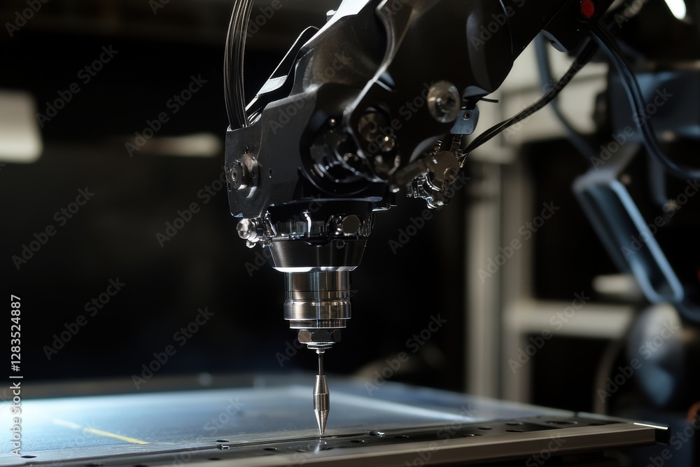 Poster a sophisticated black robotic arm precisely working on a metal surface, demonstrating advanced autom