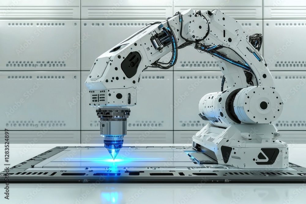 Poster advanced robotic arm precisely working on electronic component in a sterile laboratory environment, 