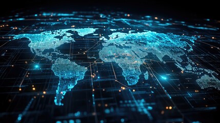 Abstract data-driven world map with market flow lines representing economic growth and trading routes, no people