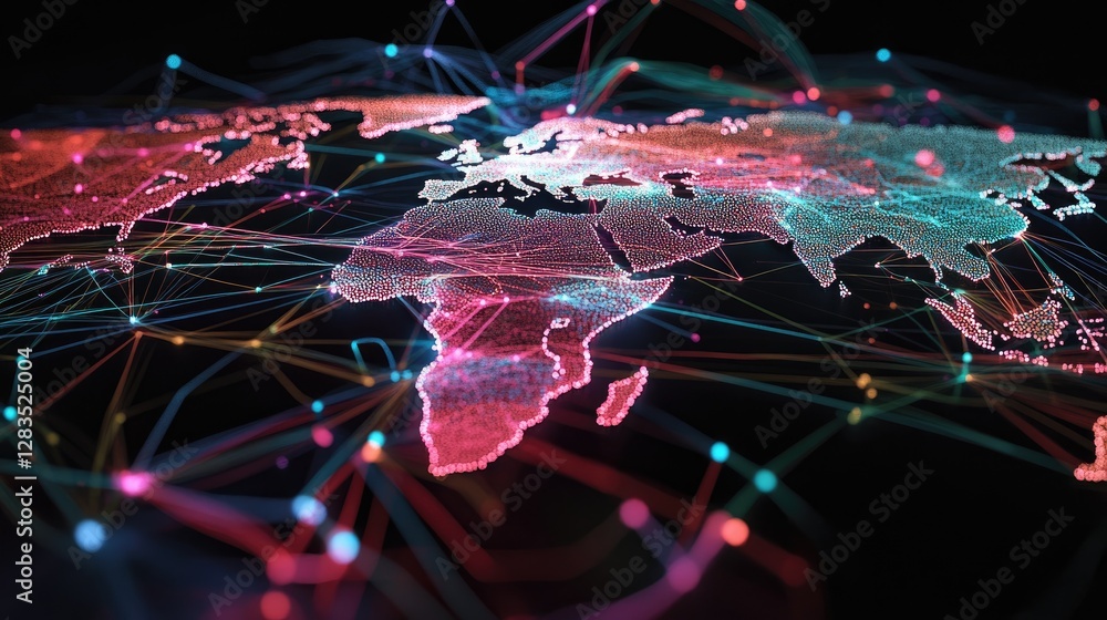 Poster abstract data-driven world map with market flow lines representing economic growth and trading route