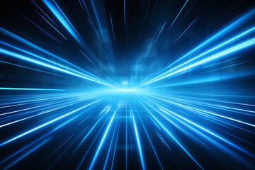 Naklejka premium Stunning blue glowing light streaks create futuristic atmosphere, evoking sense of speed and motion. This vibrant display captures essence of technology and innovation